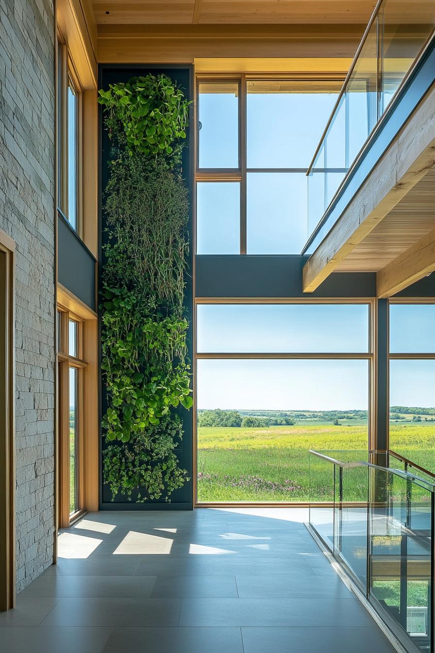 modern farmhouse interior atrium with vertical garden large glass windows overlooking green fields 2