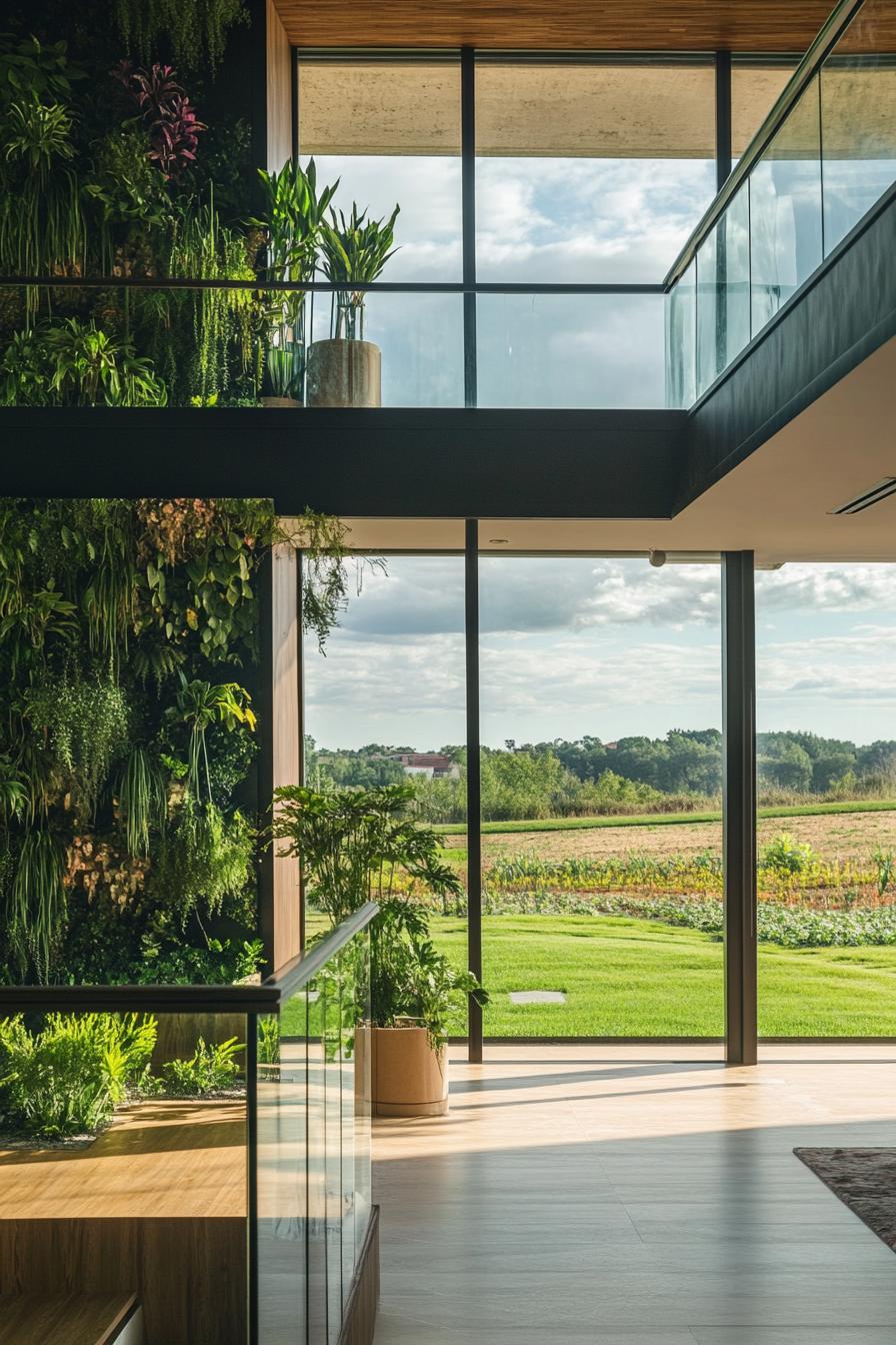 modern farmhouse interior atrium with vertical garden large glass windows overlooking green fields 3