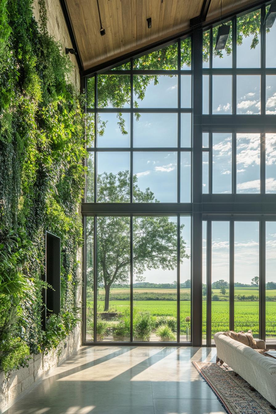 modern farmhouse interior atrium with vertical garden large glass windows overlooking green fields