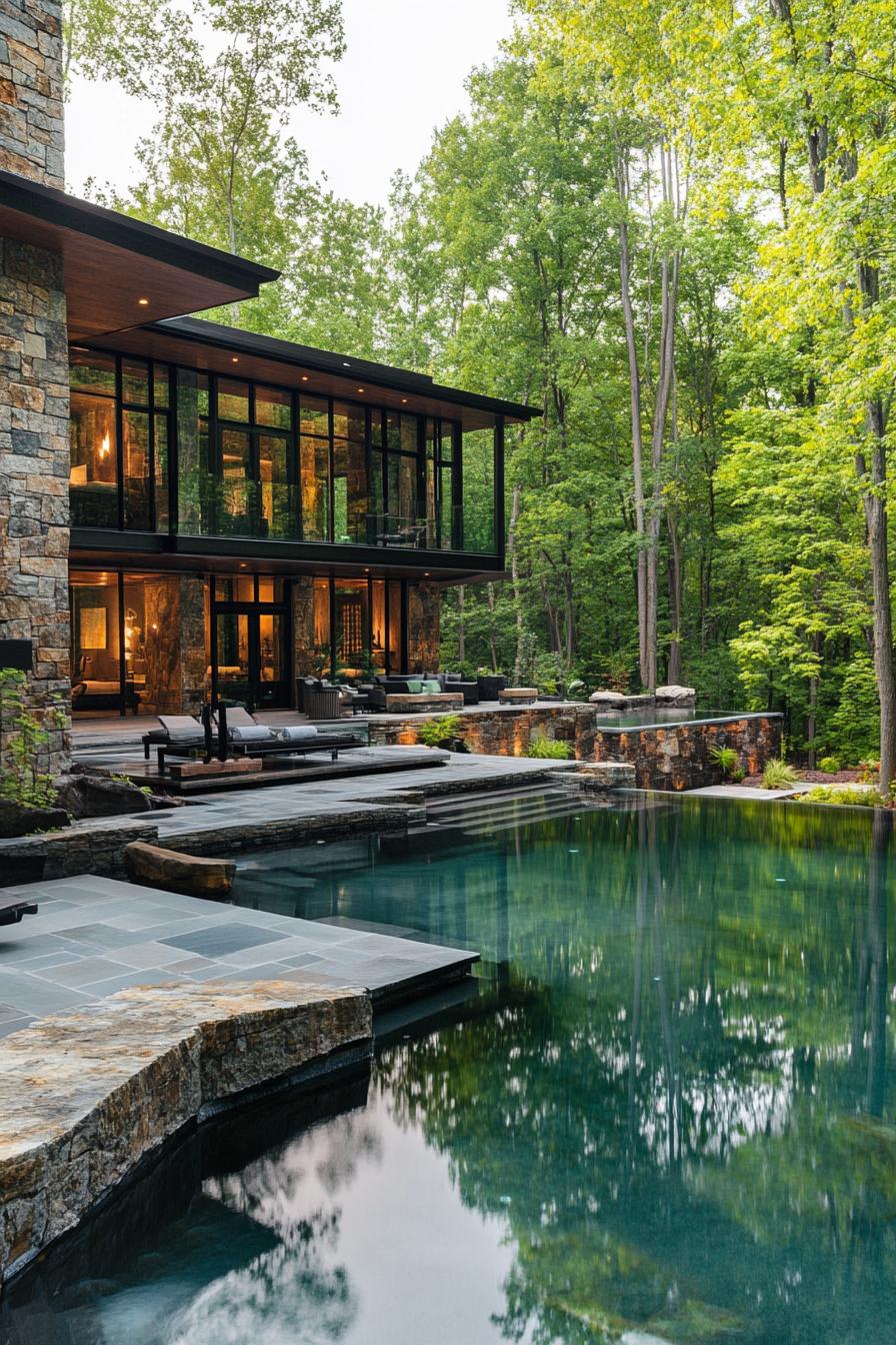 modern forest mansion with stone pool lagoon in courtyard 1