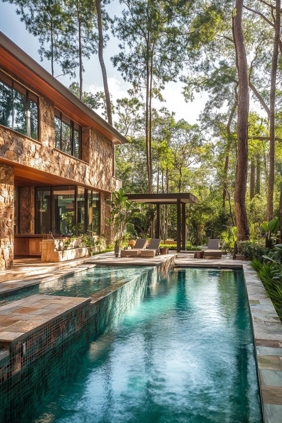 modern forest mansion with stone pool lagoon in courtyard 2