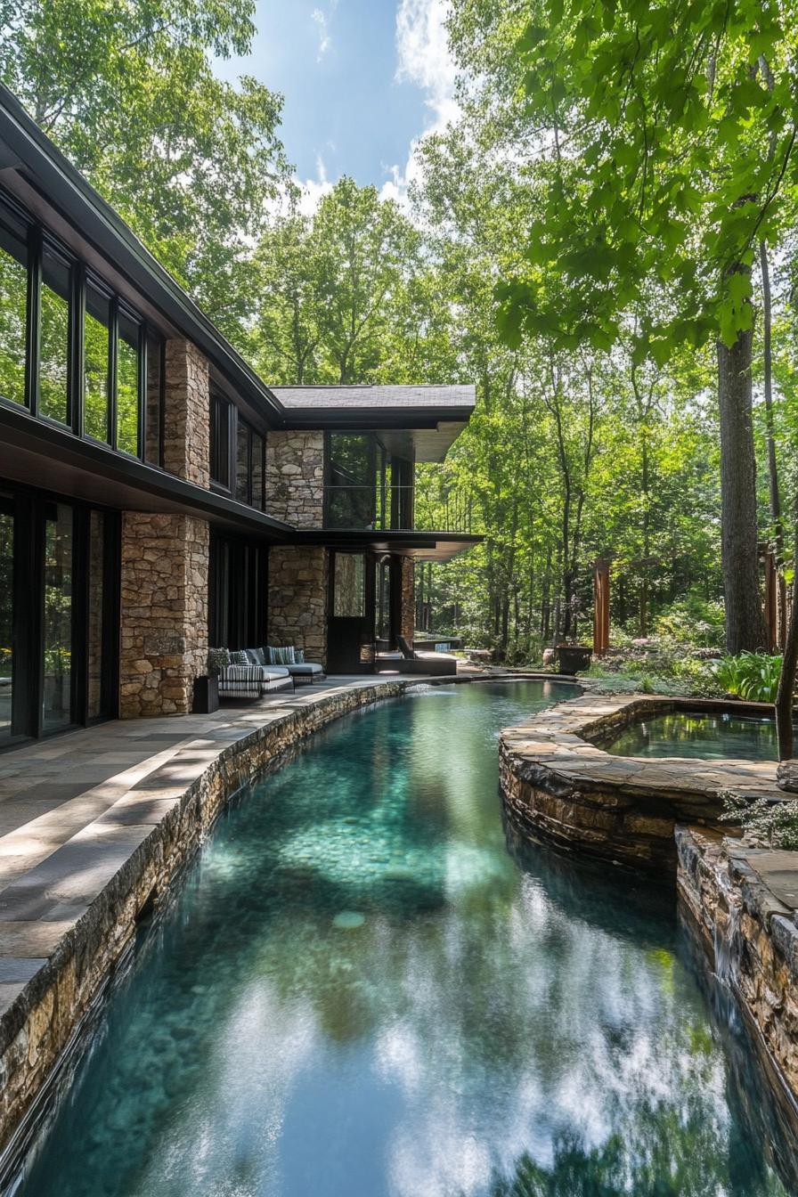 modern forest mansion with stone pool lagoon in courtyard 3