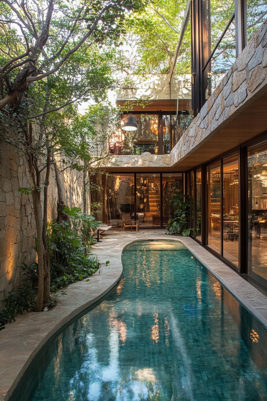 modern forest mansion with stone pool lagoon in courtyard