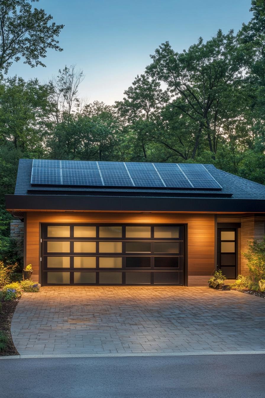 modern garage with solar panel roof separate from house