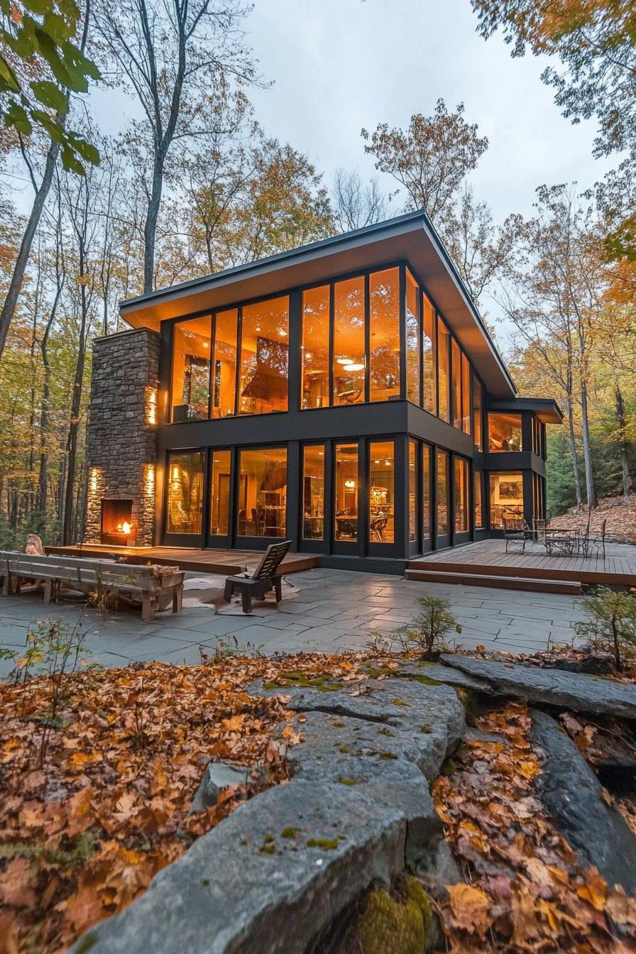 modern geometric house with large windows in the woods with stunning forest views 3