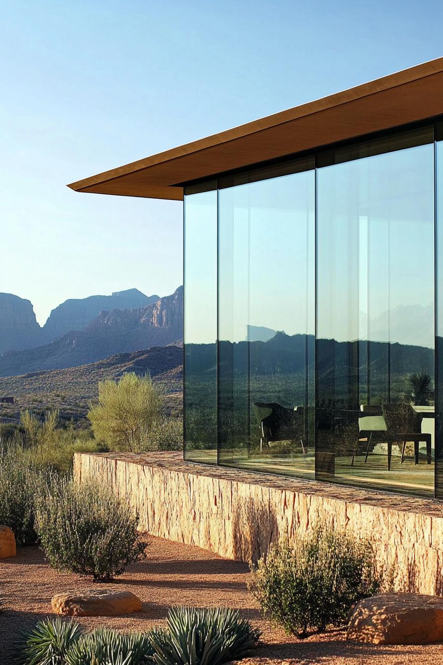 modern glass house exterior frameless windows in a stunning desert oasis 2