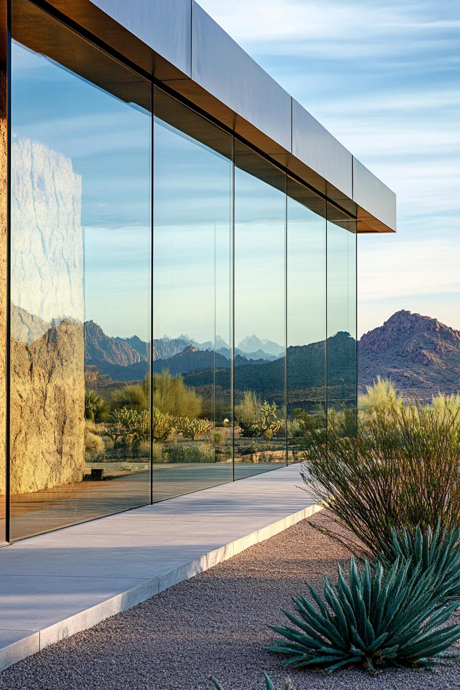 modern glass house exterior frameless windows in a stunning desert oasis 3