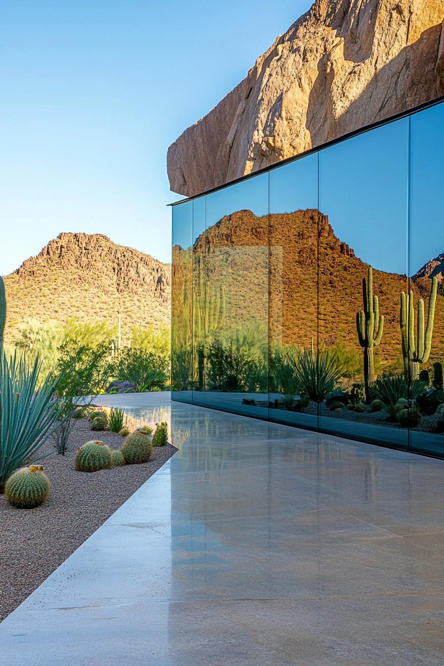 modern glass house exterior frameless windows in a stunning desert oasis