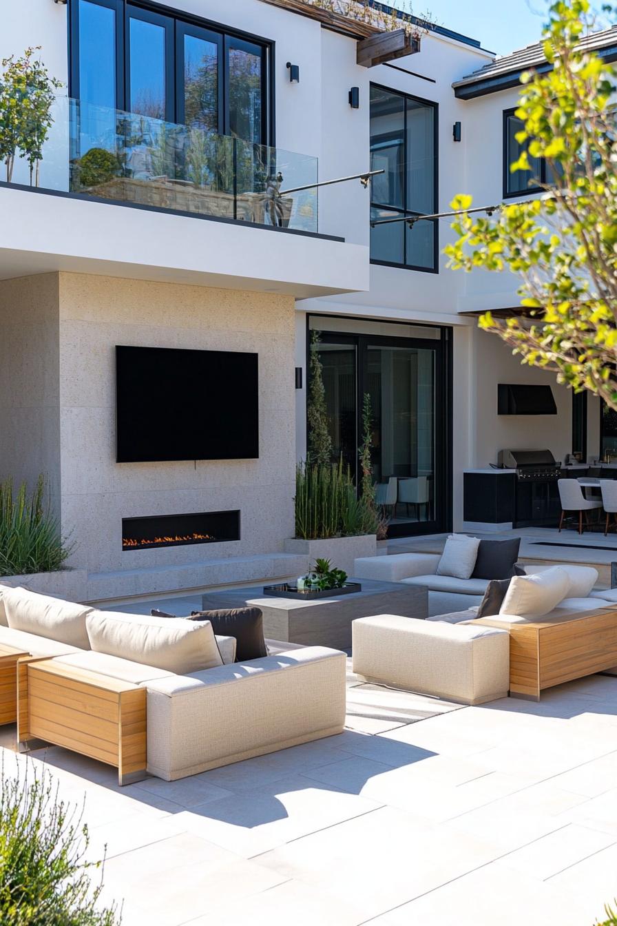 modern hampton style luxury mansion courtyard with seating and large TV 1