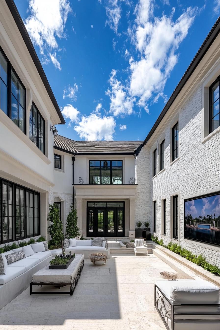 modern hampton style luxury mansion courtyard with seating and large TV 2