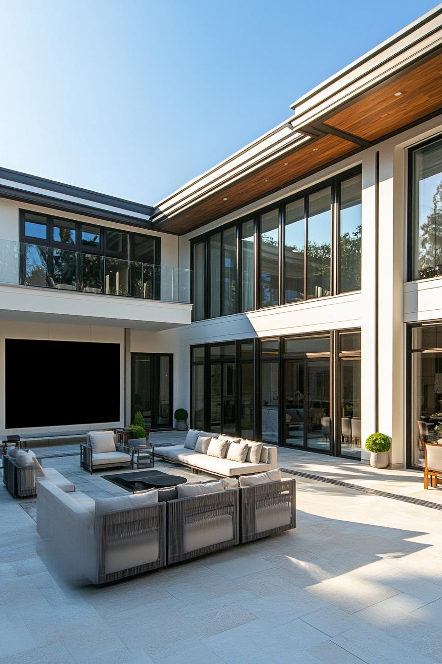 modern hampton style luxury mansion courtyard with seating and large TV 3