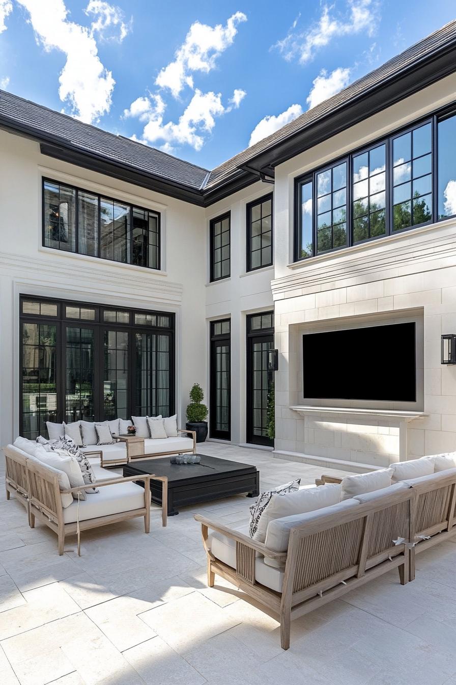 modern hampton style luxury mansion courtyard with seating and large TV