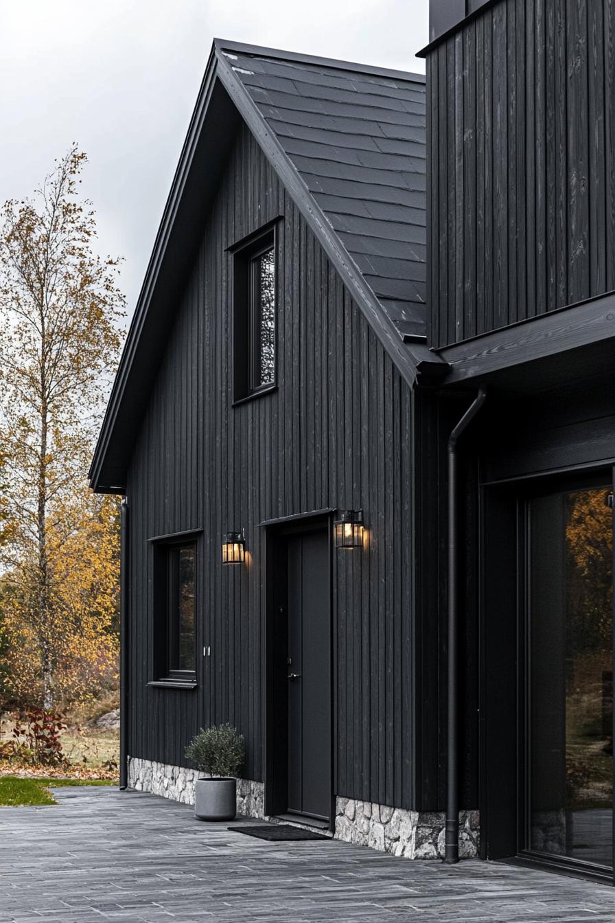 modern house facade with black wooden siding on ebony brick foundation in Scandinavian mountains area 1