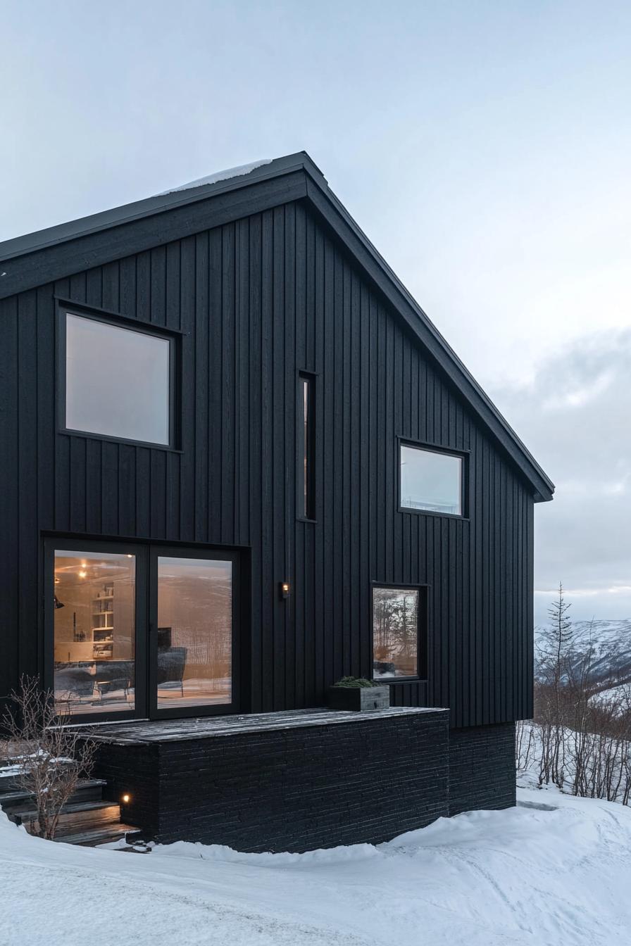 modern house facade with black wooden siding on ebony brick foundation in Scandinavian mountains area 2