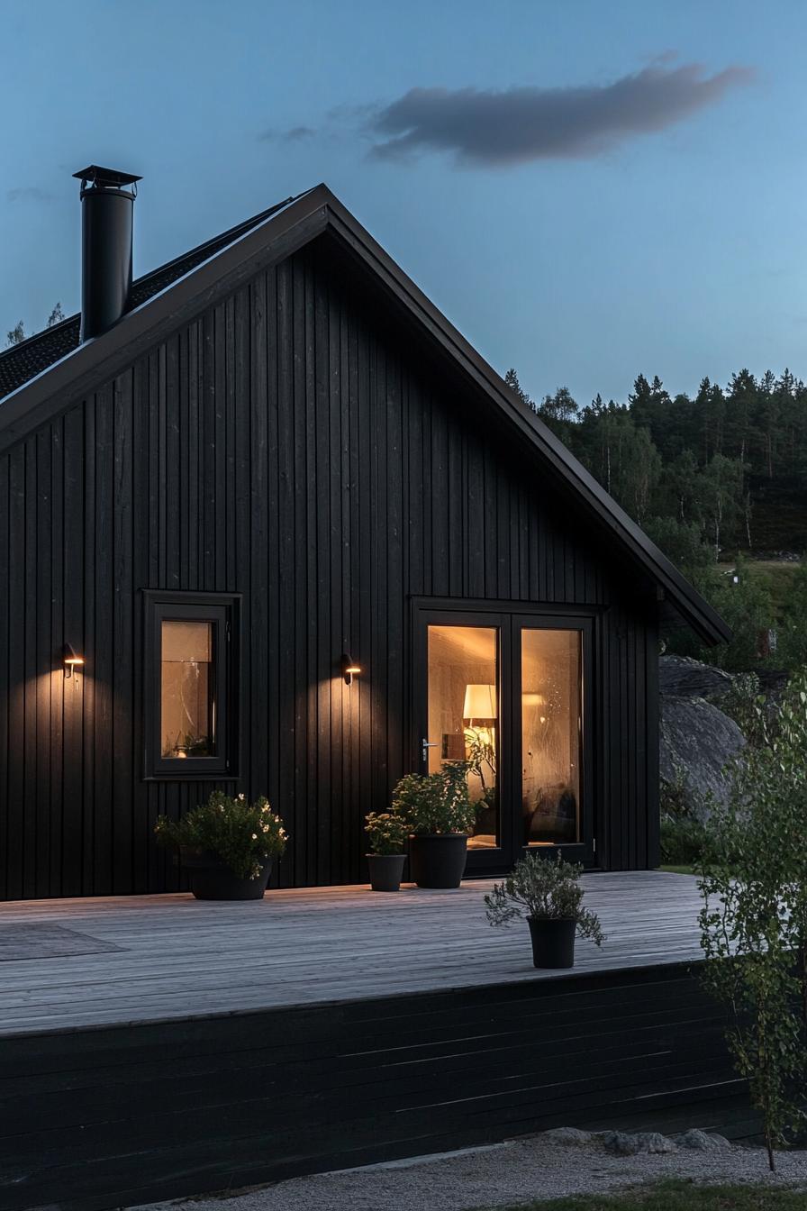 modern house facade with black wooden siding on ebony brick foundation in Scandinavian mountains area 3