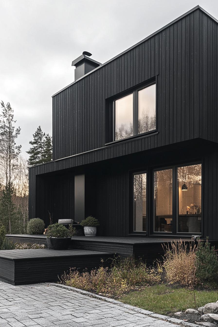 modern house facade with black wooden siding on ebony brick foundation in Scandinavian mountains area