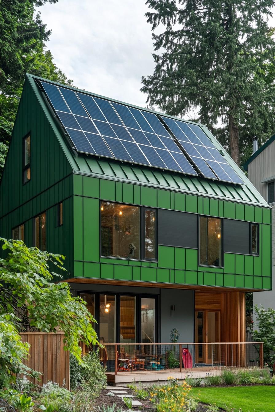 modern house with green color facade with solar panel roof 1