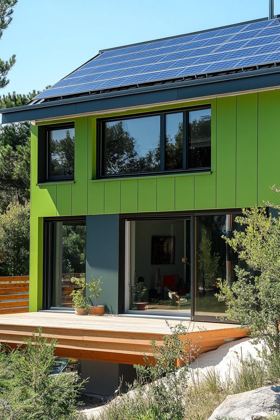 modern house with green color facade with solar panel roof 2