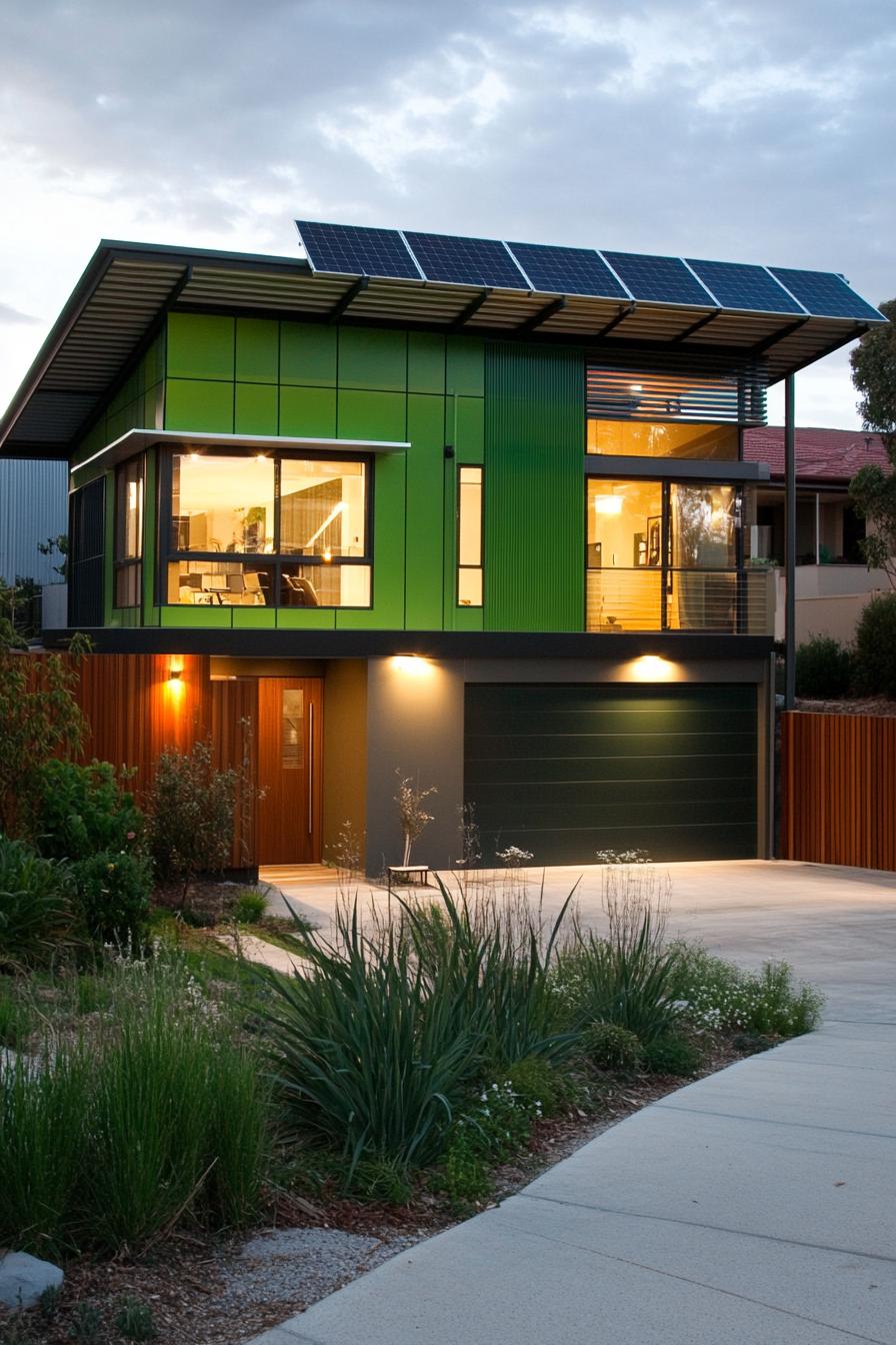 modern house with green color facade with solar panel roof 3