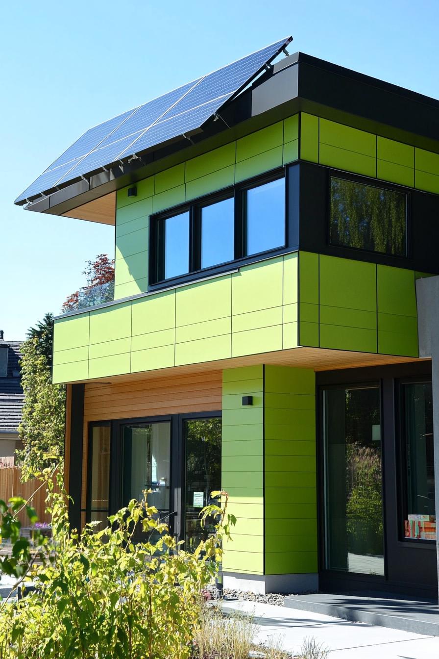 modern house with green color facade with solar panel roof