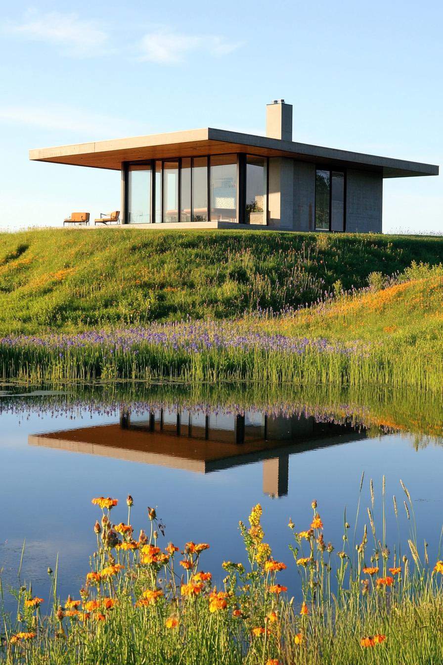 modern house with large windows on a hill overlooking a small lake surrounded by wildflower meadows 1