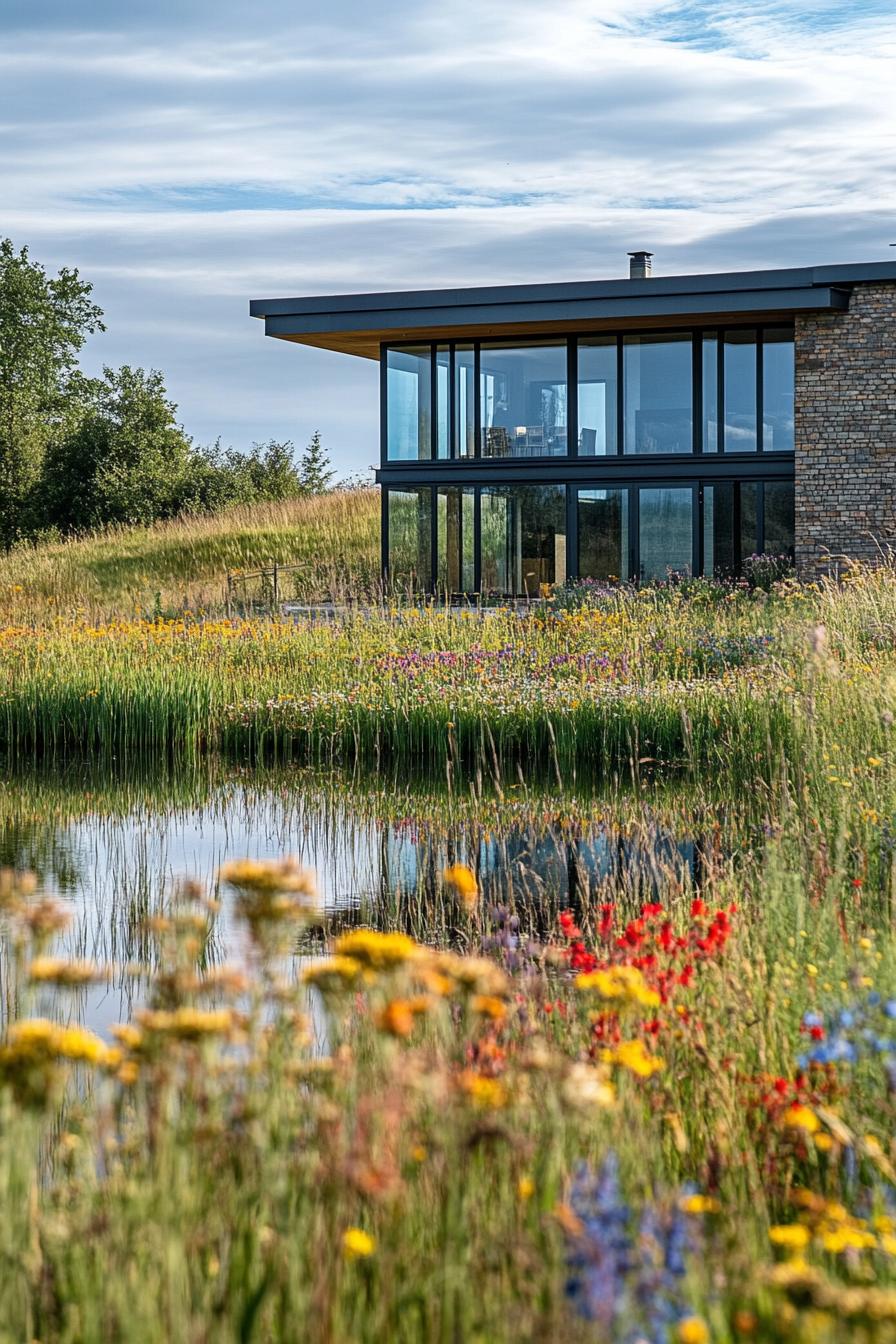 modern house with large windows on a hill overlooking a small lake surrounded by wildflower meadows 2