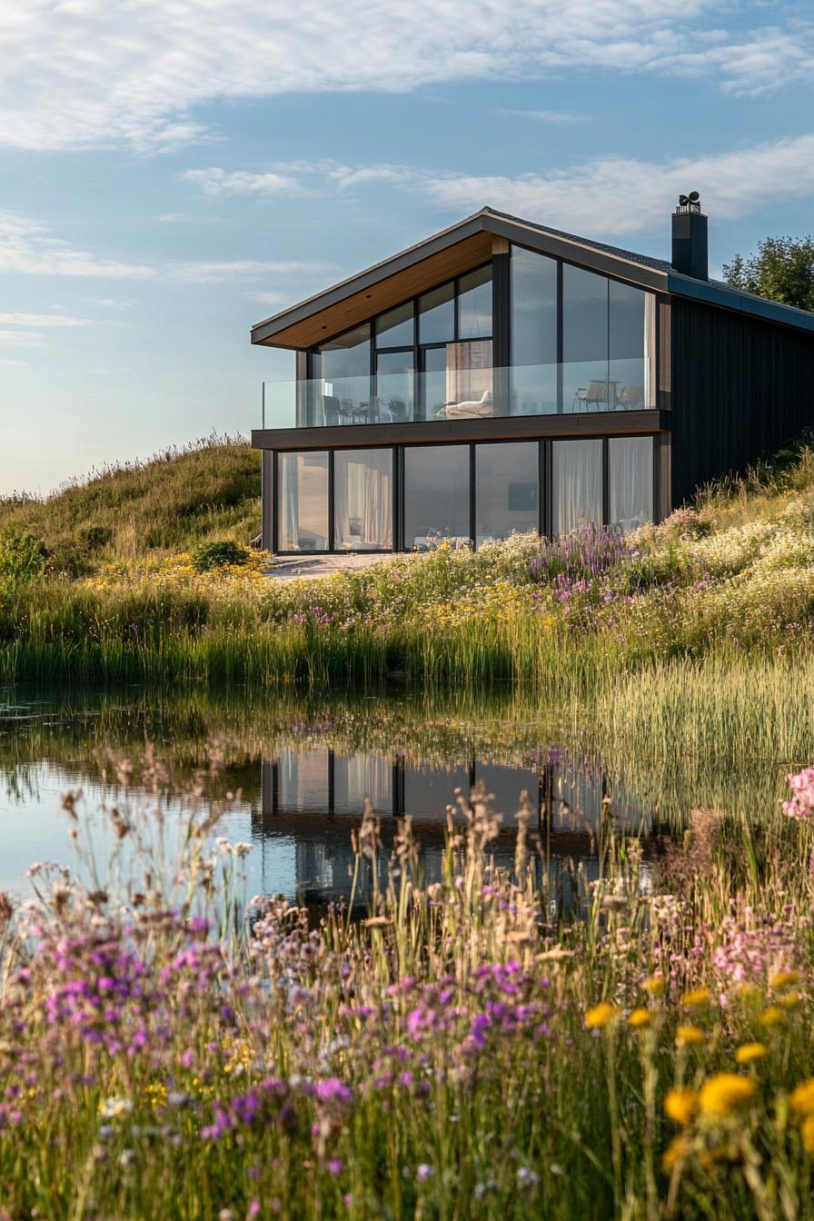 modern house with large windows on a hill overlooking a small lake surrounded by wildflower meadows 3