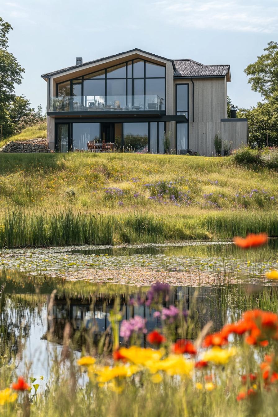 modern house with large windows on a hill overlooking a small lake surrounded by wildflower meadows