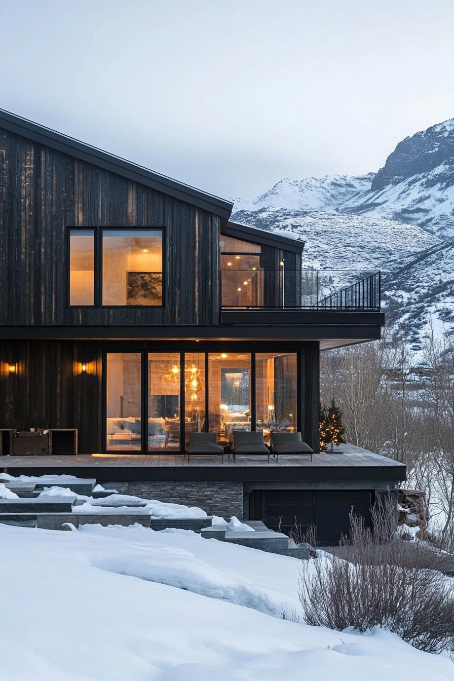 modern house with natural cedar shiplap exterior in charred wood finish winter mountains 1