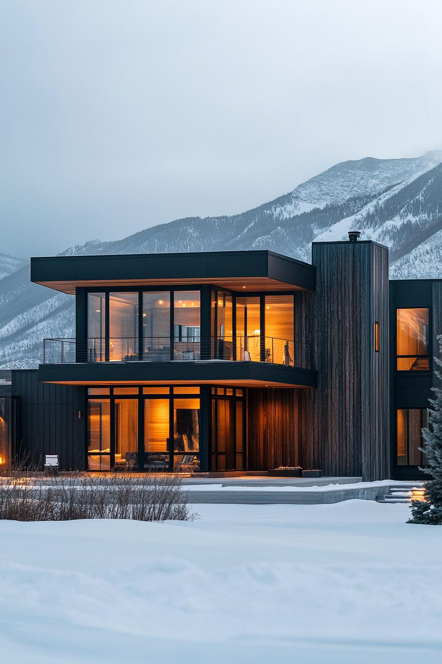 modern house with natural cedar shiplap exterior in charred wood finish winter mountains 2