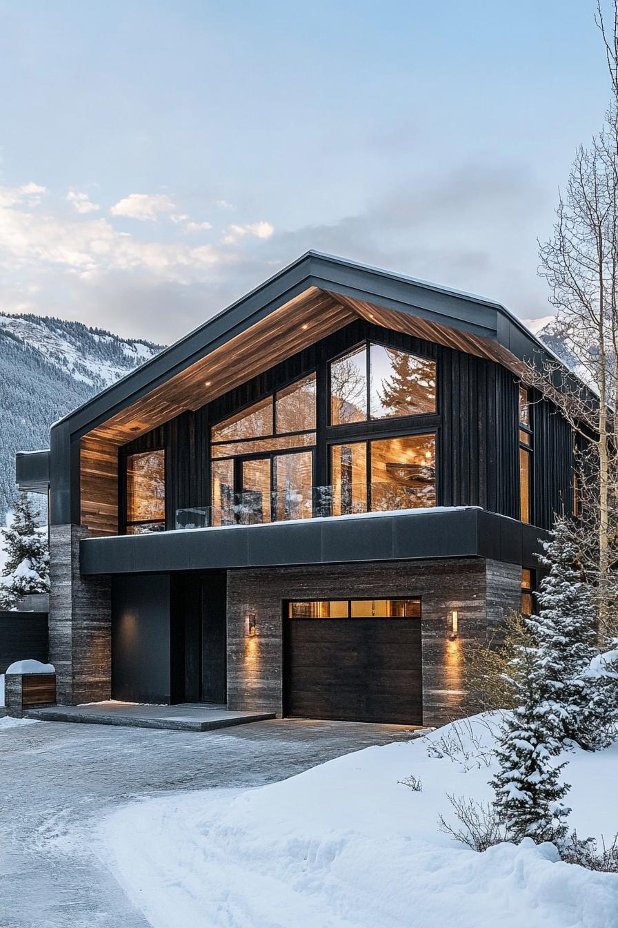 modern house with natural cedar shiplap exterior in charred wood finish winter mountains 3