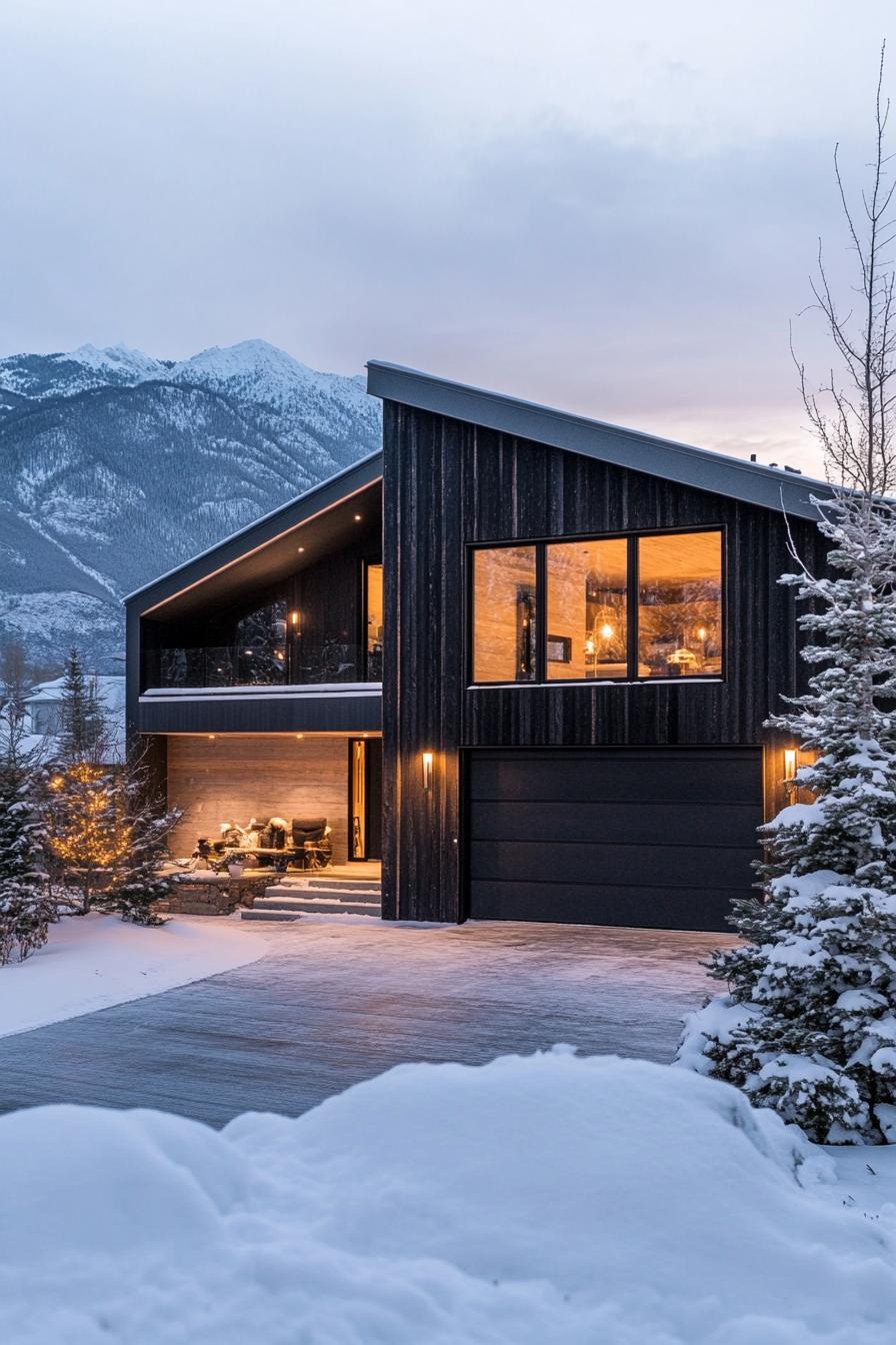 modern house with natural cedar shiplap exterior in charred wood finish winter mountains