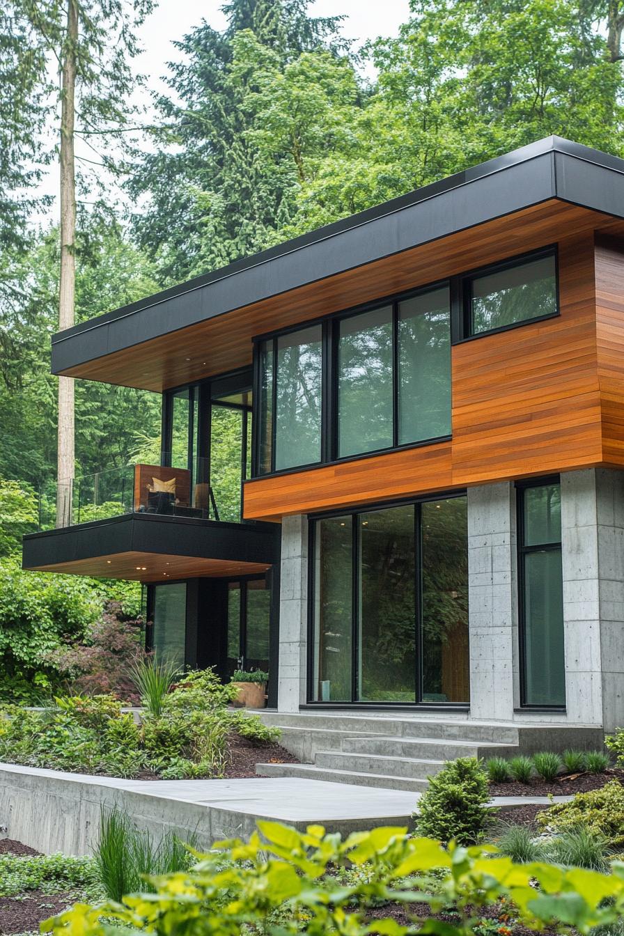 modern house with precast concrete facade with faux wood grain texture lush green forest in the background 1