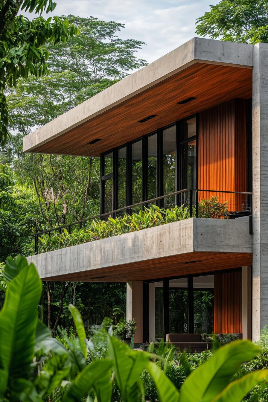 modern house with precast concrete facade with faux wood grain texture lush green forest in the background 2