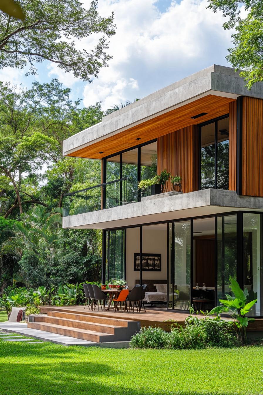 modern house with precast concrete facade with faux wood grain texture lush green forest in the background 3