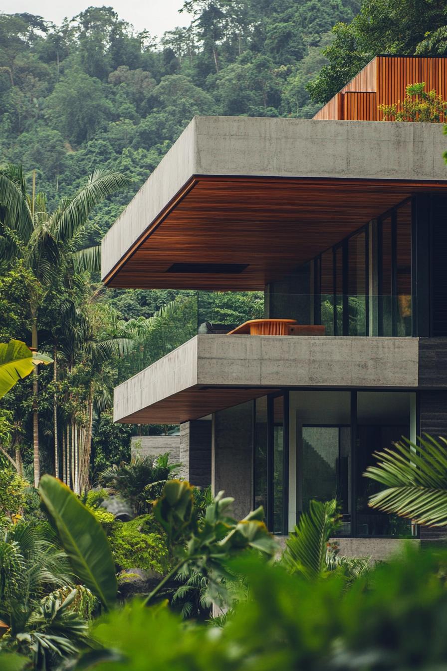 modern house with precast concrete facade with faux wood grain texture lush green forest in the background