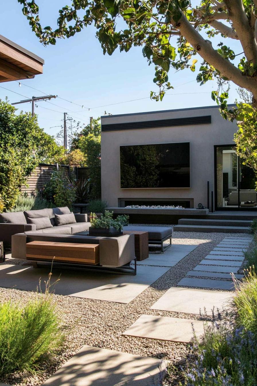 modern house yard seating area with large TV 1