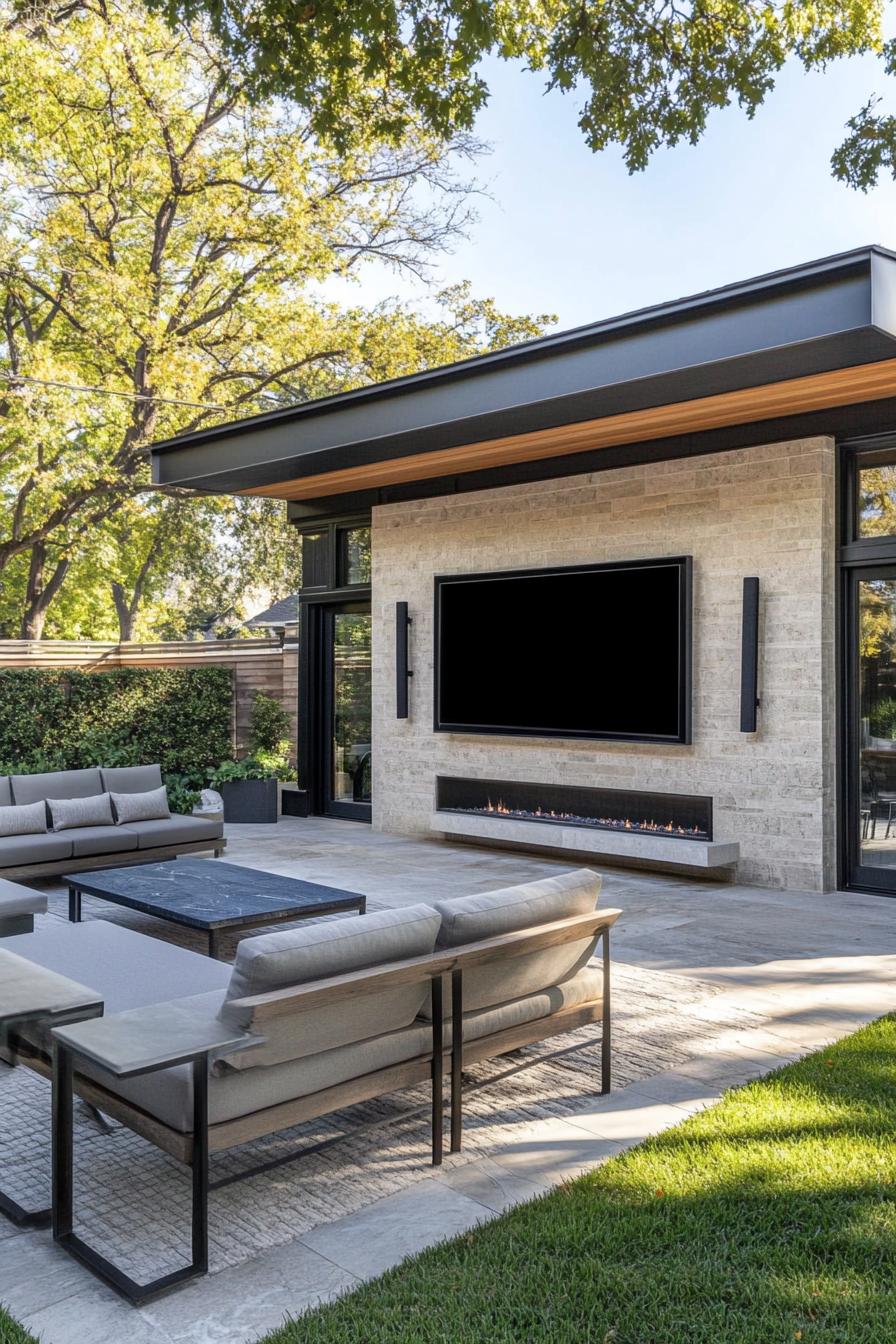 modern house yard seating area with large TV 2