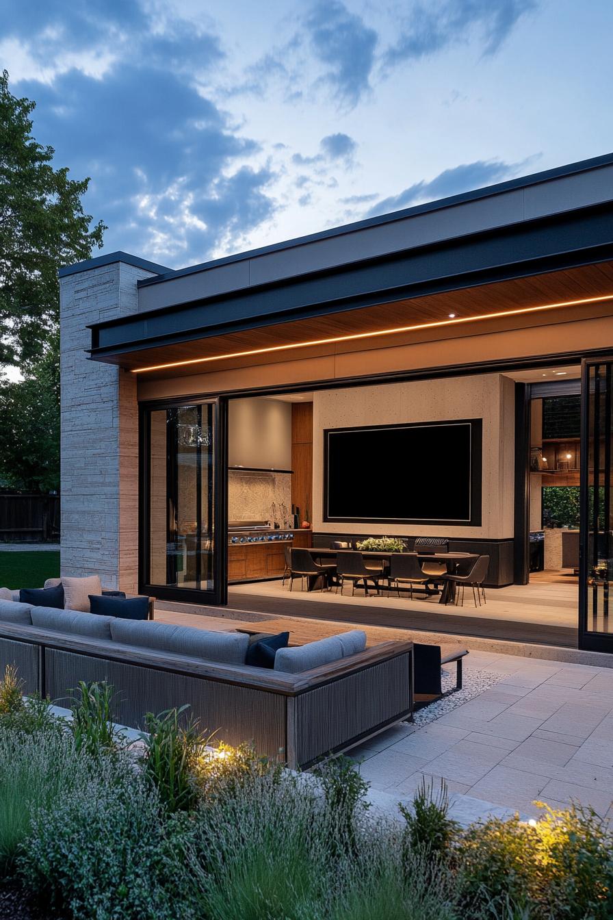 modern house yard seating area with large TV 3