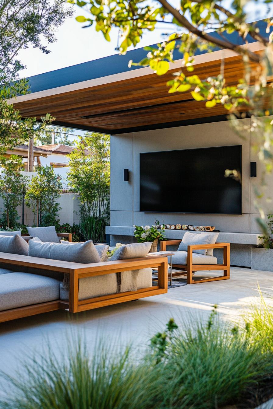 modern house yard seating area with large TV