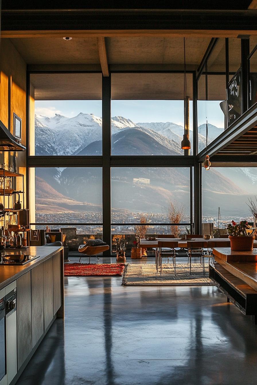 modern industrial open plan loft with large windows overlooking stunning mountains 1