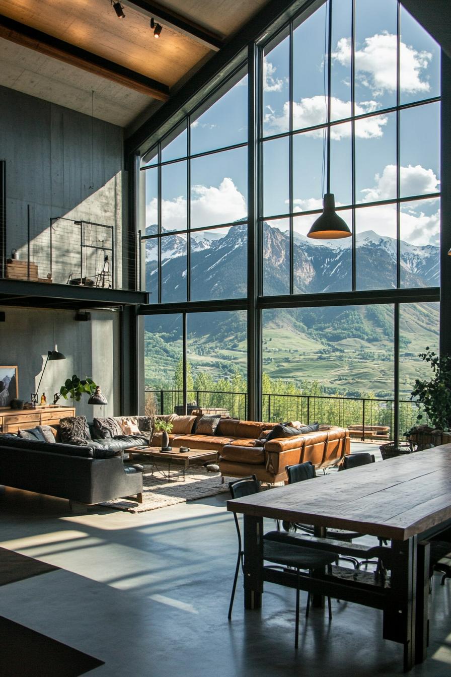 modern industrial open plan loft with large windows overlooking stunning mountains 2