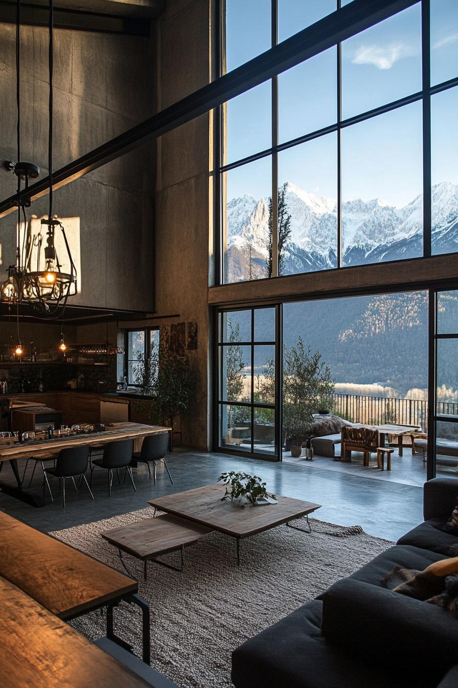 modern industrial open plan loft with large windows overlooking stunning mountains 3