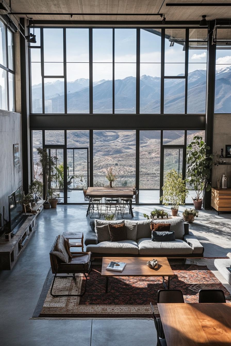 modern industrial open plan loft with large windows overlooking stunning mountains