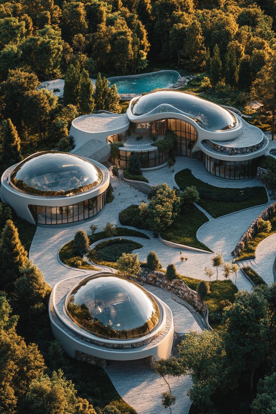 modern luxury giant mansion complex with bio domes view from near above 1