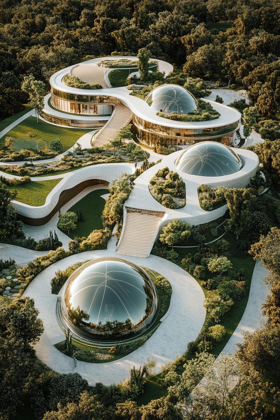 modern luxury giant mansion complex with bio domes view from near above 2