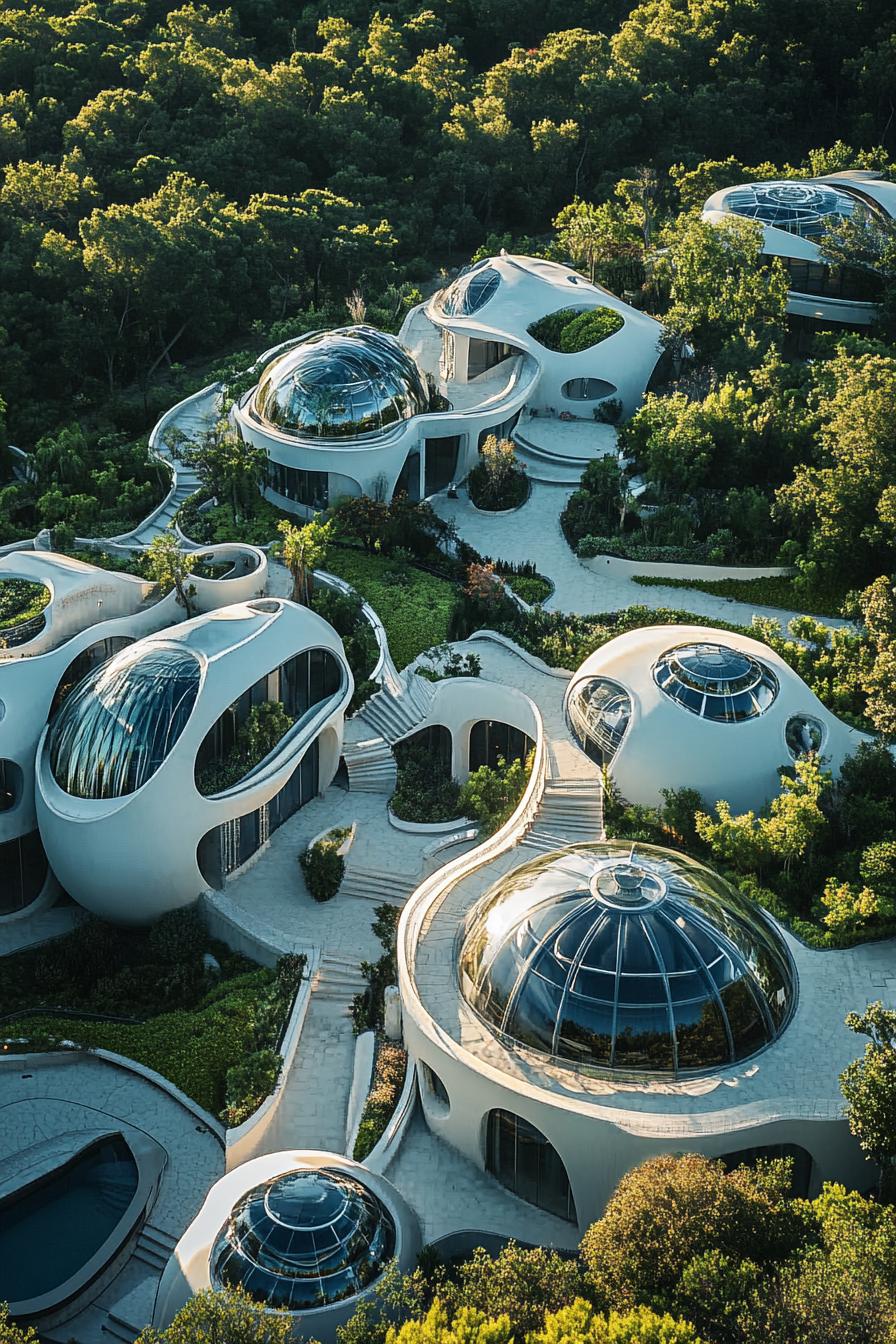 modern luxury giant mansion complex with bio domes view from near above