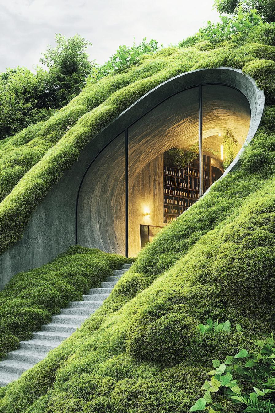 modern luxury hillside mansions estate with wine cellar built into a hill in lush green mossy scenery 1