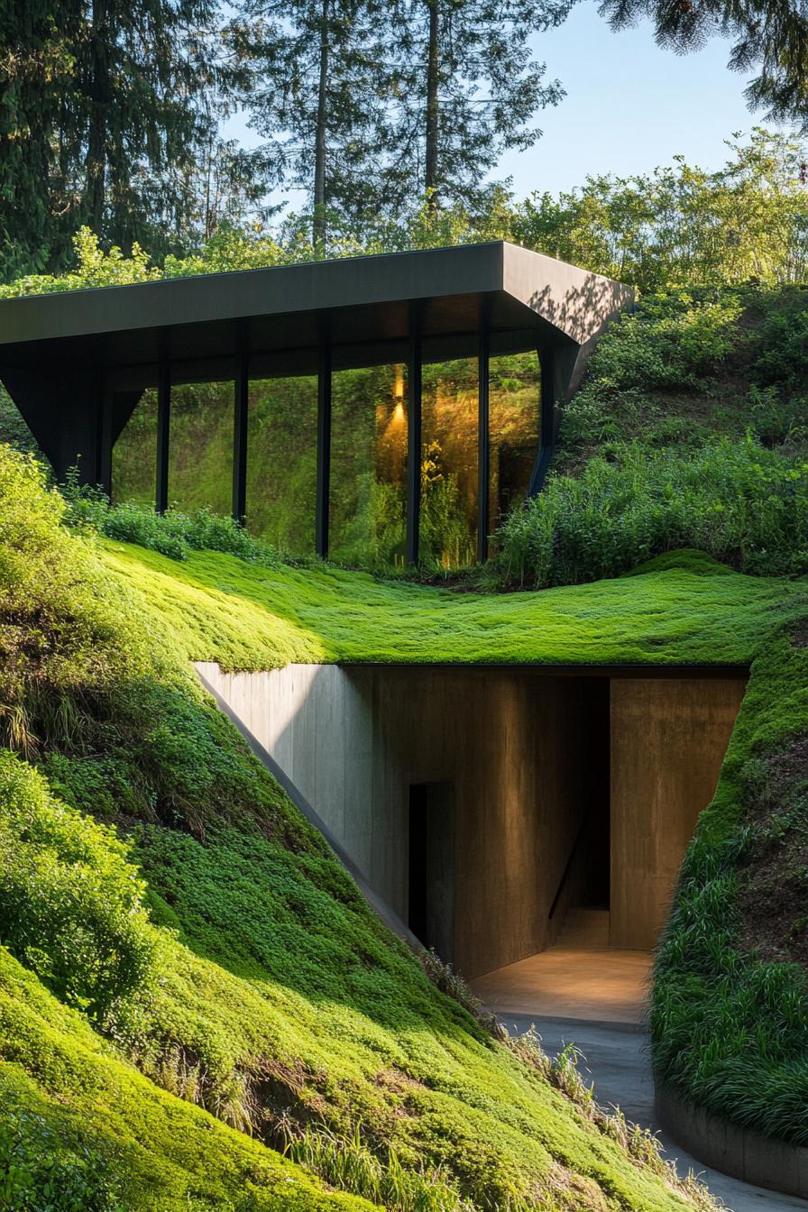 modern luxury hillside mansions estate with wine cellar built into a hill in lush green mossy scenery 2