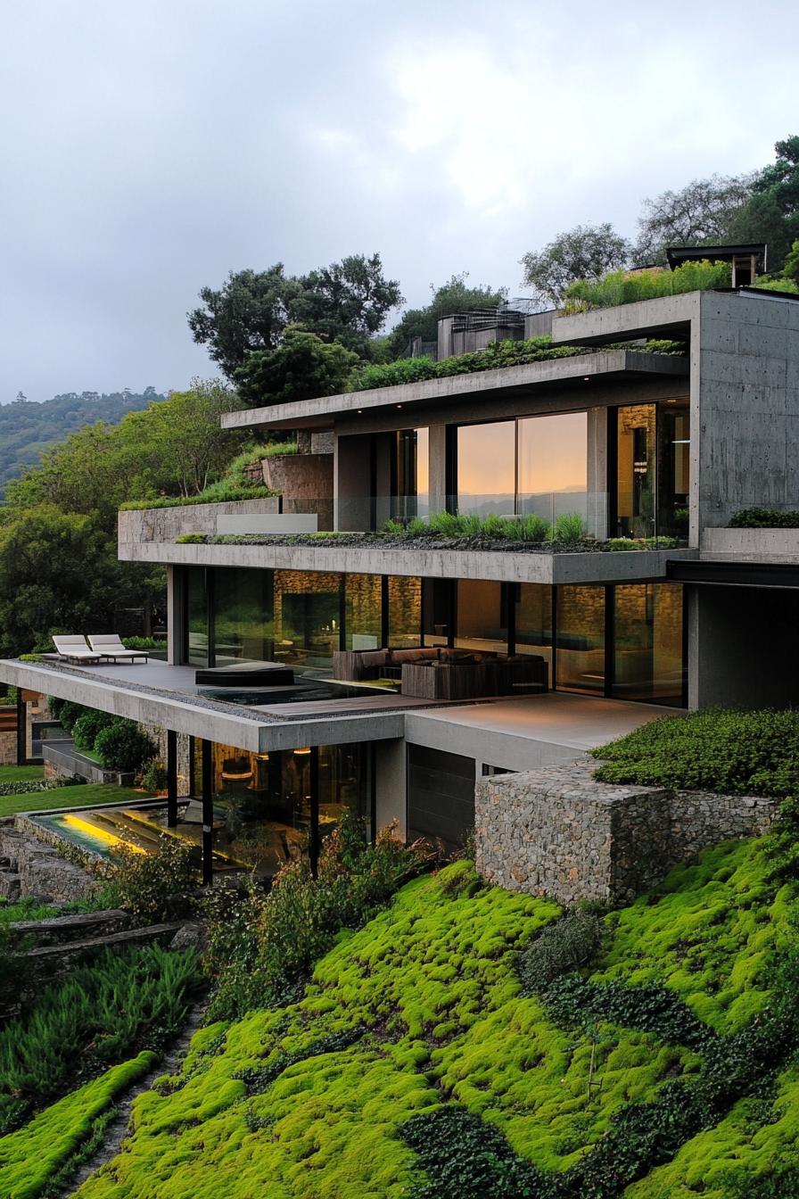 modern luxury hillside mansions estate with wine cellar built into a hill in lush green mossy scenery 3